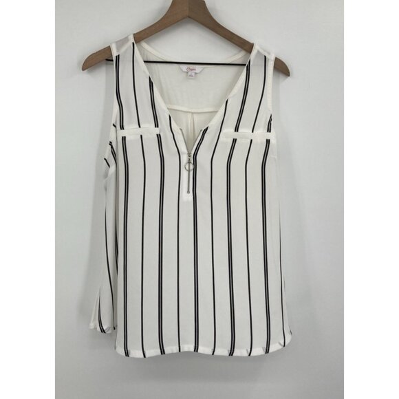 Candies Sleeveless Top Women Large White Black Stripes Zip V-Neck Lightweight - Picture 1 of 8
